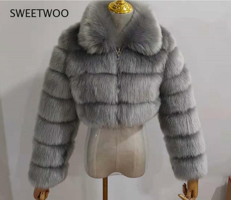 가짜 여우 모피 2021 겨울 코트 여성 패션 고품질 두꺼운 가짜 모피 코트 여성 빈티지 긴 소매 짧은 재킷 모피 코트