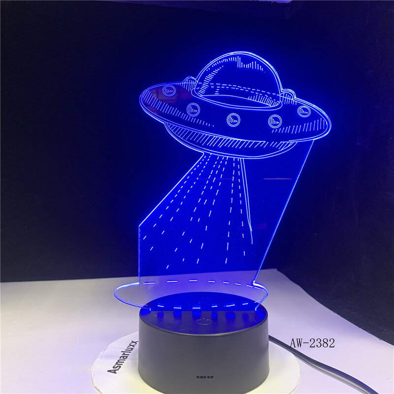 الكرتون UFO الغريبة المركبة الفضائية الاكريليك ثلاثية الأبعاد أضواء ليلية USB LED النوم الجدول مصباح ديكور المنزل عن بعد هدية الكريسماس 2382