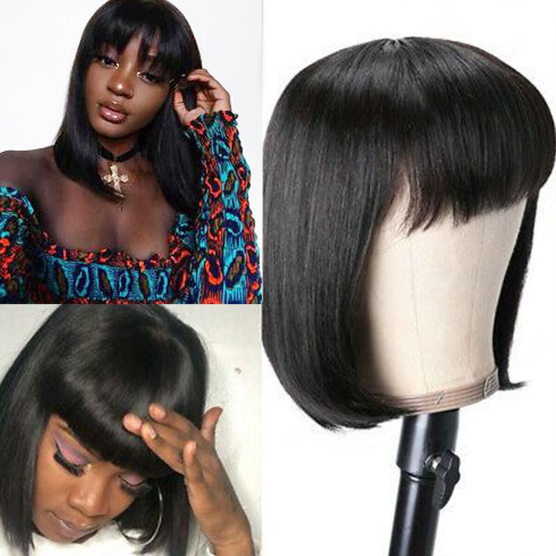 Peluca femenina de cabello humano liso con flequillo, pelo corto con corte Bob, hecha a máquina, color Remy