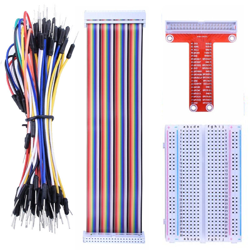 Kit de expansión Raspberry pi GPIO Breakout, placa de expansión tipo T + Placa de pruebas de 400 puntos + 65 cables de puente + Cable arcoíris de 40 pines