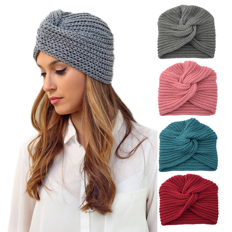 Bohomian Turban Cap Knitted Spring Winter Hat Women Knot Bandanas Twist Headwrap Knitting Warm Muslim Scarf Cross Headscarf Hot