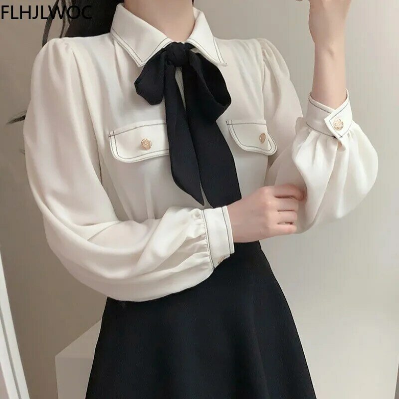 Chemise blanche simple pour femmes, vêtement de bureau, Sexy, Semi-transparent, mignon, nœud papillon, bouton, uni