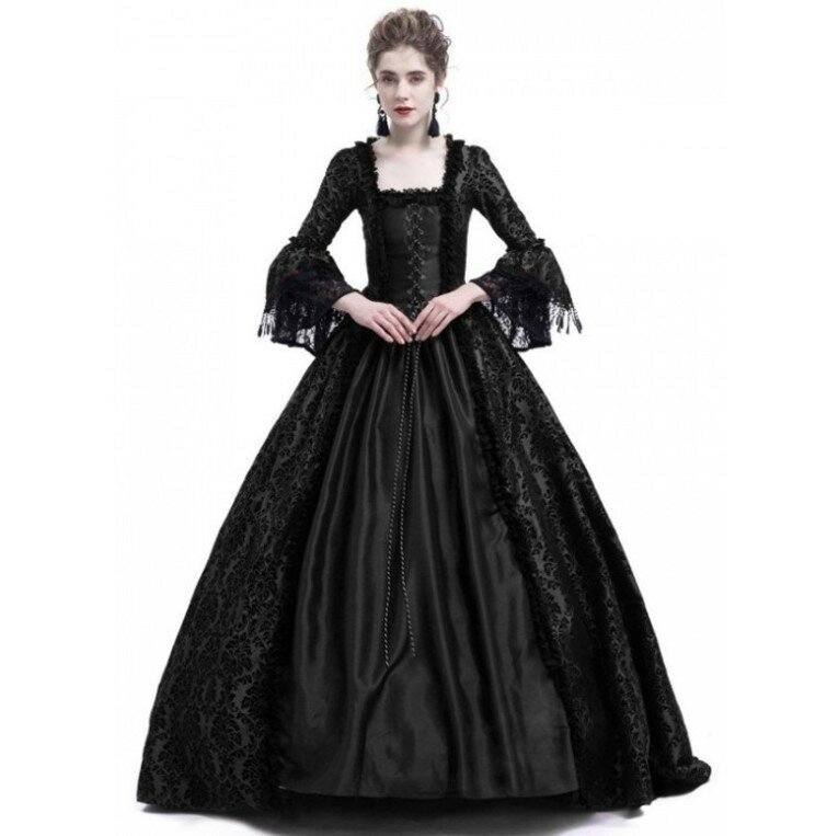 Gaun putri istana wanita dewasa gaun bola elegan kostum Halloween berenda kerah persegi kostum Abad Pertengahan Renaissance