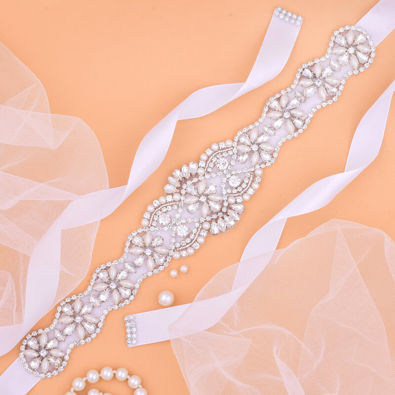 SESTHFAR  Pearls Wedding Belt Crystal Bridal Belt Sliver Rhinestones satin Bridal Sash For wedding dress accessories