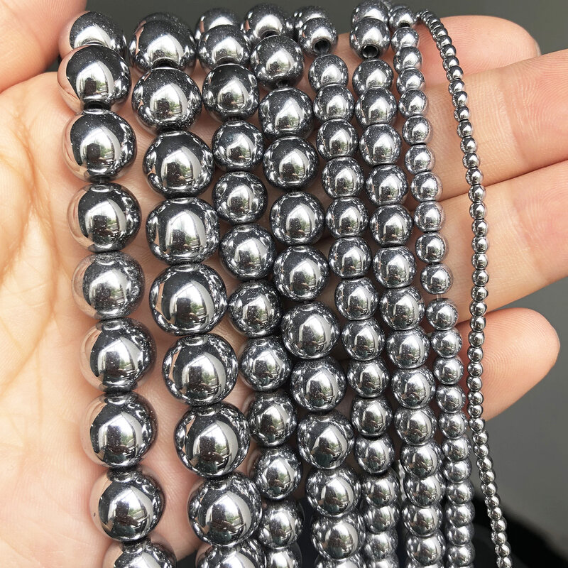 Perles rondes naturelles en pierre hématite de couleur argent pour bricolage, fabrication de bijoux, Bracelet, boucle d'oreille, accessoires 15 ''2 3 4 6 8 10 12mm