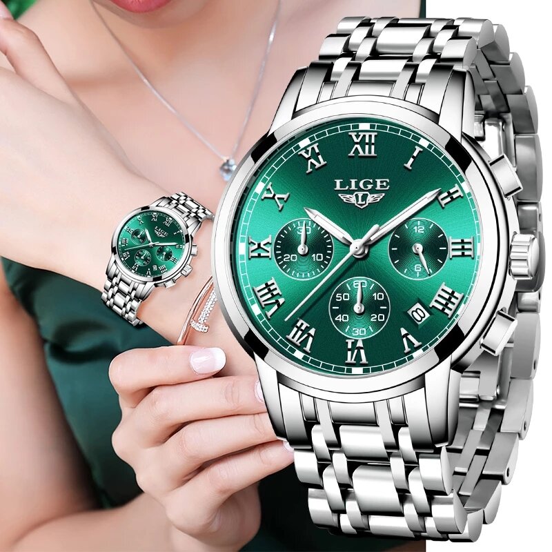 LIGE-Pulseiras de Aço Criativo Feminino, Relógio Quartzo Impermeável Feminino, Marca Top de Luxo, Nova Moda, 2022