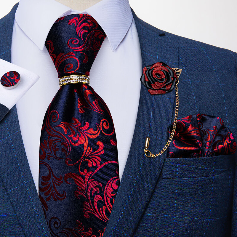 Nowy projektant niebieski czerwony wzór Paisley krawaty dla mężczyzn Wedding Party krawat luksusowy krawat pierścień broszka 100% krawat jedwabny zestaw prezent dla mężczyzn DiBanGu