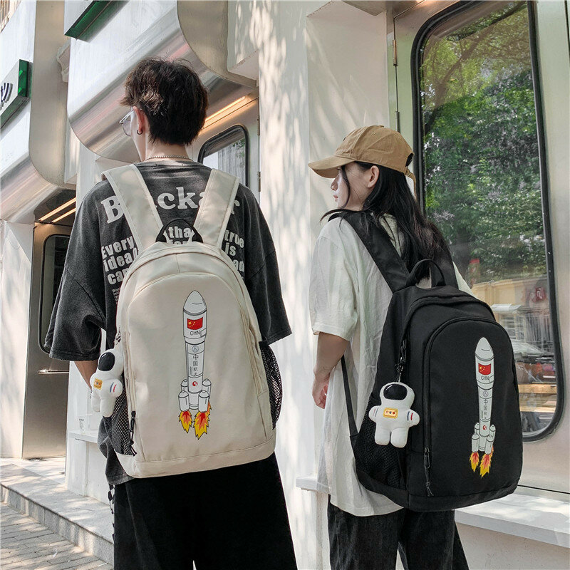 Kawaii น่ารักการ์ตูนรูปแบบจรวดกระเป๋าเป้สะพายหลัง Unisex ขนาดใหญ่ความจุคู่นักเรียน Schoolbag เพื่อส่งจี้ตุ๊กตา