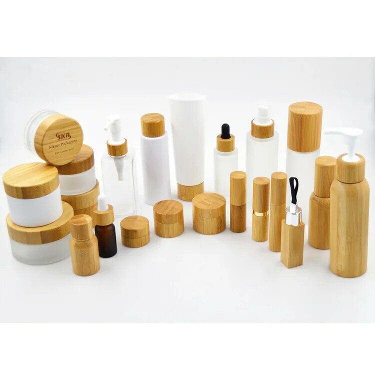 Cosmetic 30ml 50ml flat shoulder frosted cream jar with bamboo lotion pump lid Glass Perfume Wooden Bamboo Cap Sprayer Bottle