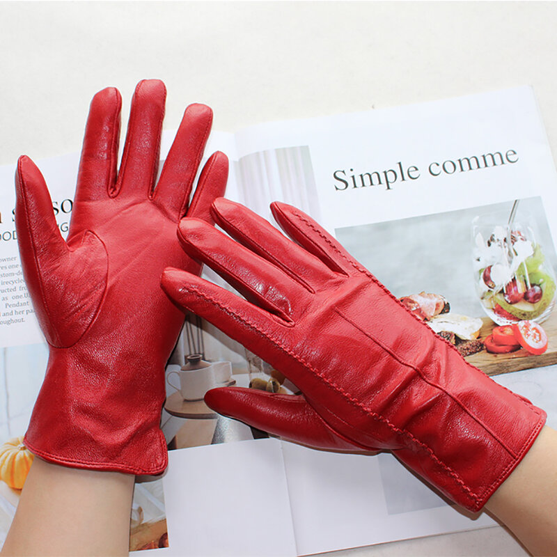 Nowe damskie skórzane rękawiczki w paski w stylu aksamitna wyściółka jesienne i zimowe ciepłe rękawiczki kożuch wysokiej jakości