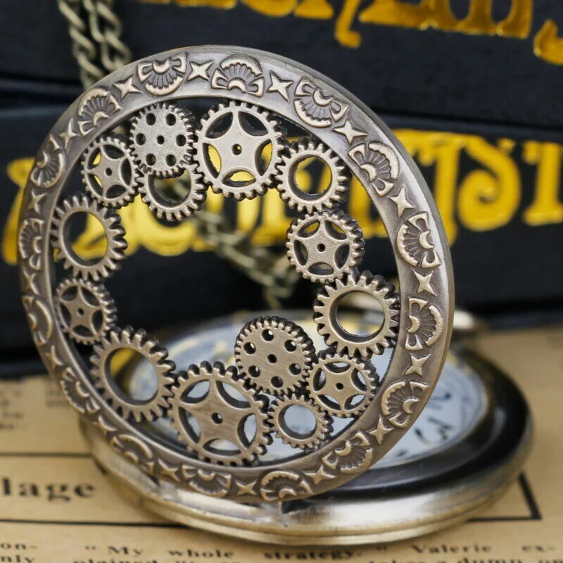 Reloj de bolsillo con movimiento de cuarzo para hombre y mujer, colgante de collar con engranaje hueco Steampunk, regalos