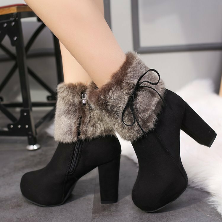 2019 bottes de neige à talons d'hiver pour femmes bottines chaudes en peluche bottes de neige chaussures de mode pour femmes talons hauts carrés