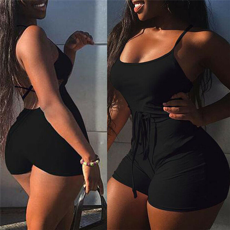 Barboteuse d'été noir solide femmes combishort Sexy sans manches dos nu moulante combinaison courte vêtements de Sport d'été