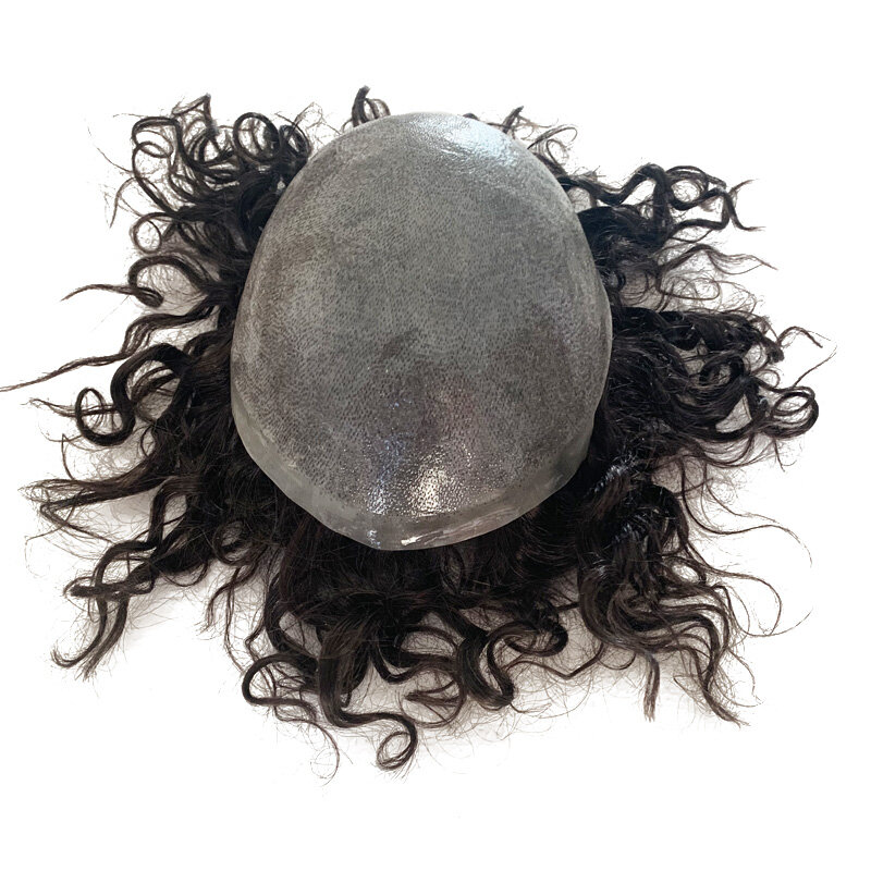 Perruque toupet naturelle Remy, cheveux humains, Base fine, Texture bouclée, pour hommes