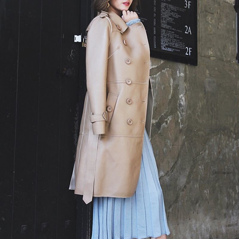 Женское длинное пальто с поясом, элегантное двубортное пальто из натуральной овечьей кожи с отложным воротником, осень 2022