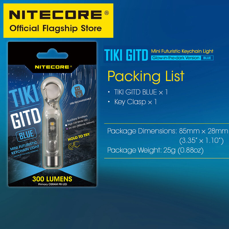 NITECORE TIKI GITD سلسلة مفاتيح صغيرة زرقاء ضوء الأشعة فوق البنفسجية ضوء تحذير إشارة وامض EDC USB قابلة للشحن مصباح يدوي مع بطارية 130mAh