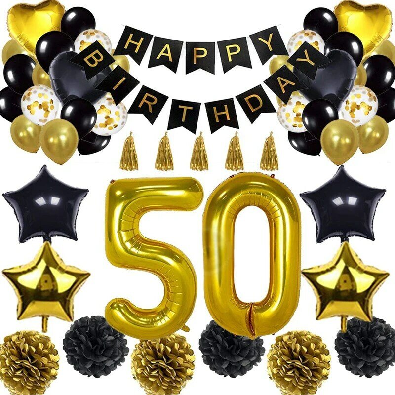 Selamat Ulang Tahun Pesta Dekorasi Banner Emas Hitam Balon Perayaan Cocok Untuk Orang Dewasa Ukuran Besar 30/40/50/70 Foil helium Ballons