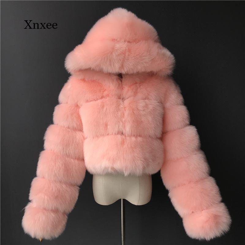 Casaco de pele de inverno feminino casaco curto com capuz casaco de pele do falso cor sólida retalhos imitação de pele de raposa casaco moda