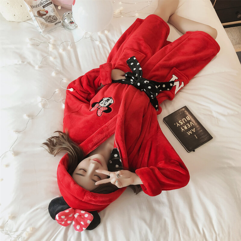 Women's Robes Women's Winter Long Sleeve Thick Flannel Cute Cartoon Mickey Red Coral Velvet Warm Pajamas Women's Women's Robes