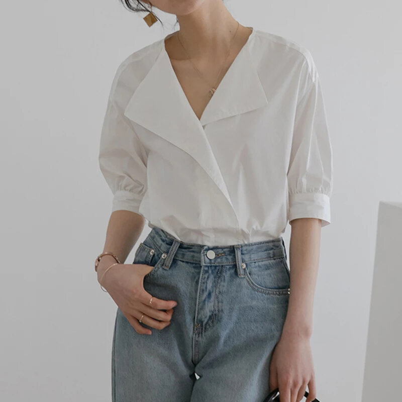Camisa blanca Vintage para Mujer, Blusa De algodón De media manga con farol, ropa informal holgada, De Moda