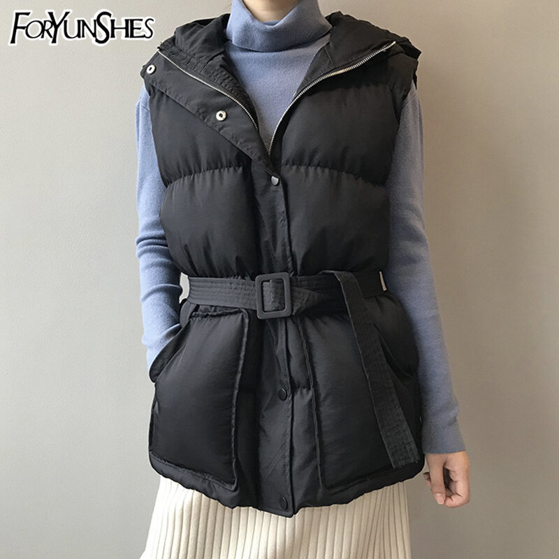 Foryunshes mulheres inverno com capuz colete casacos de algodão quente acolchoado jaqueta coletes coreano moda cinto chalecos para mujer