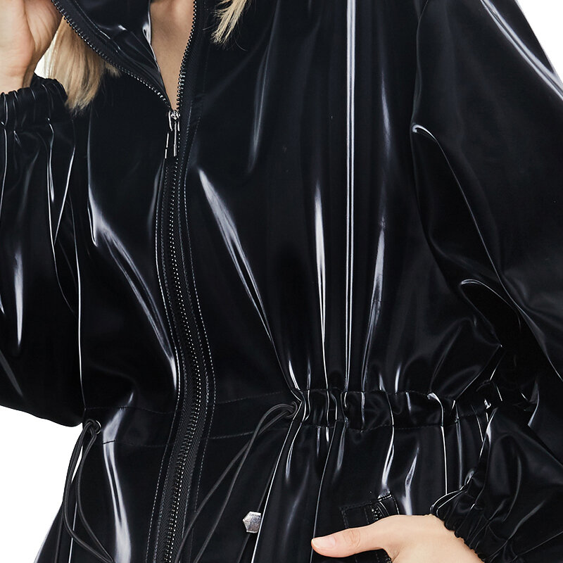 Nerazzurri Long black warm oversized shiny patent leather trench coat for women long sleeve Zip up fall fashion 2023 Windbreaker