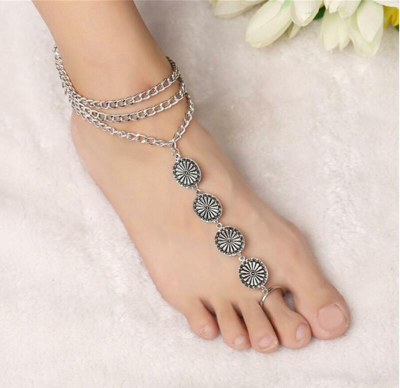 Cavigliere con ciondoli a forma di fiore rotondo in argento per donna bracciale alla caviglia con catena sandali spose gioielli da spiaggia a piedi nudi accessori regalo S1954