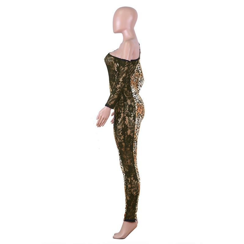 Mono de manga larga con estampado de leopardo para mujer, pantalones de encaje marrón a la moda, monos ajustados sexis para mujer, Otoño, 2020