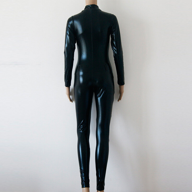 Wetlook Vinyl Kulit Jumpsuit Tanpa Lengan Elastis Hitam PU Full Bodysuit Playsuit Sexy Catsuit Klub Malam Kostum dengan Sarung Tangan
