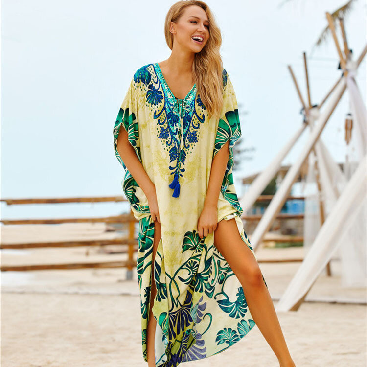 Boho Leaves Print Bikini Cover-Up abito da spiaggia abbigliamento da spiaggia Kimono tunica abiti donna estate costume da bagno Cover Up