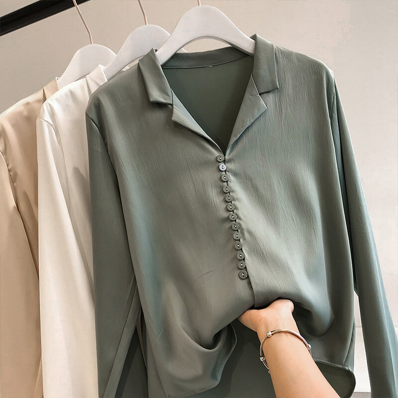 Frauen Solide Langarm Chiffon Tops Weibliche Casual drehen-unten Kragen Blusen Büro Dame Koreanische Taste Shirts Blusas Mujer