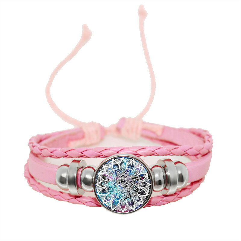 Charm Henna Yoga Jewelry Om Symbol Buddhism Zen Colorful Mandala Flower Adjutable Pink Leather Button Bracelet for Women Gift