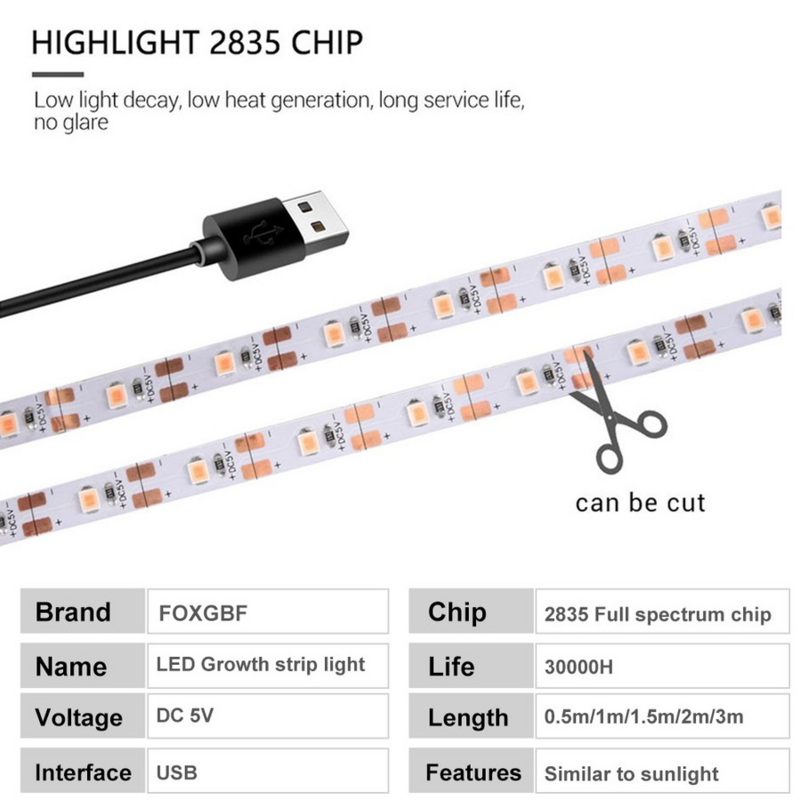 DC USB 5V Strip Lampu Tumbuh Tanaman Dalam Ruangan 1M 2M 3M Lampu Pertumbuhan Biji Bunga LED Lampu Fito Bibit Spektrum Penuh USB Hidroponik
