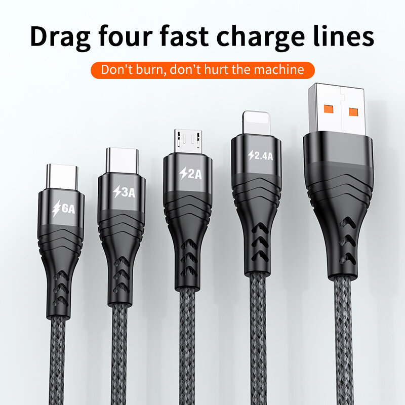 Cable USB de carga rápida 4 en 1 para iPhone, Cable de datos Micro USB C para Xiaomi, Samsung, OPPO, Huawei, 13, 12, 11, 6A, 66W
