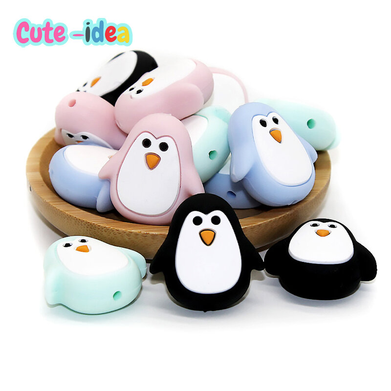 Cute-Idea 5PCs Mini Penguin Baby Animal Silicone Beads Teething Product Food Grade Pacifier Chain Rodent Toys Accessories gifts