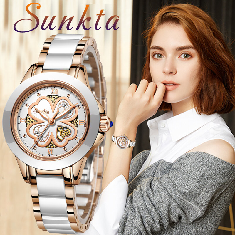 Женские кварцевые часы SUNKTA, модные водонепроницаемые часы с керамическим браслетом, наручные часы для девочек, Relogio Feminino + Bo