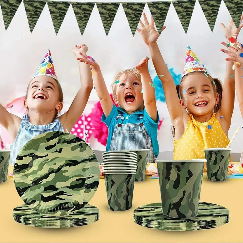 الجيش الأخضر التمويه موضوع زخارف حفلة عسكرية مجموعة أدوات المائدة أكواب ورقية لوحات استحمام الطفل الاطفال حفلة عيد ميلاد لوازم