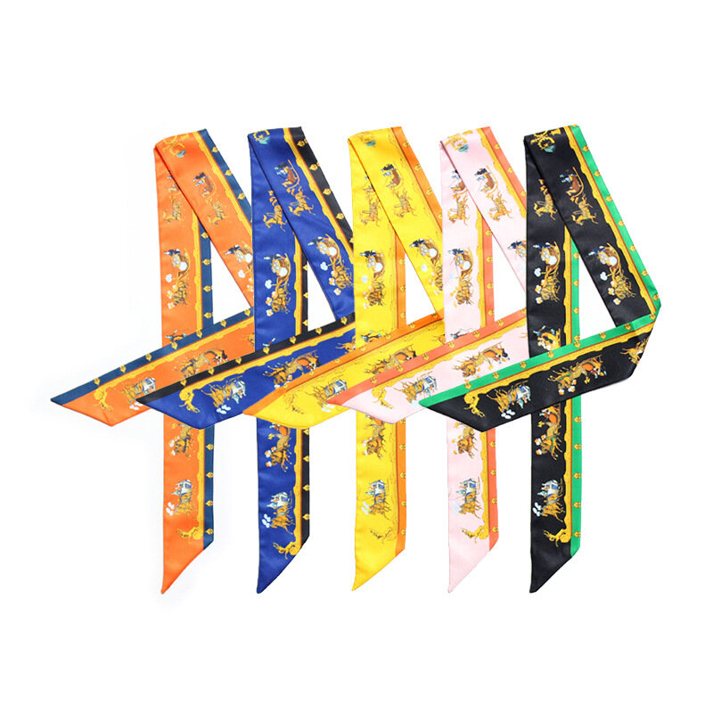 Bufandas de seda con estampado de carruaje para el hogar, pañuelos de oficina de 5x100cm, con cintas para asa de bolso, de verano, en 5 colores