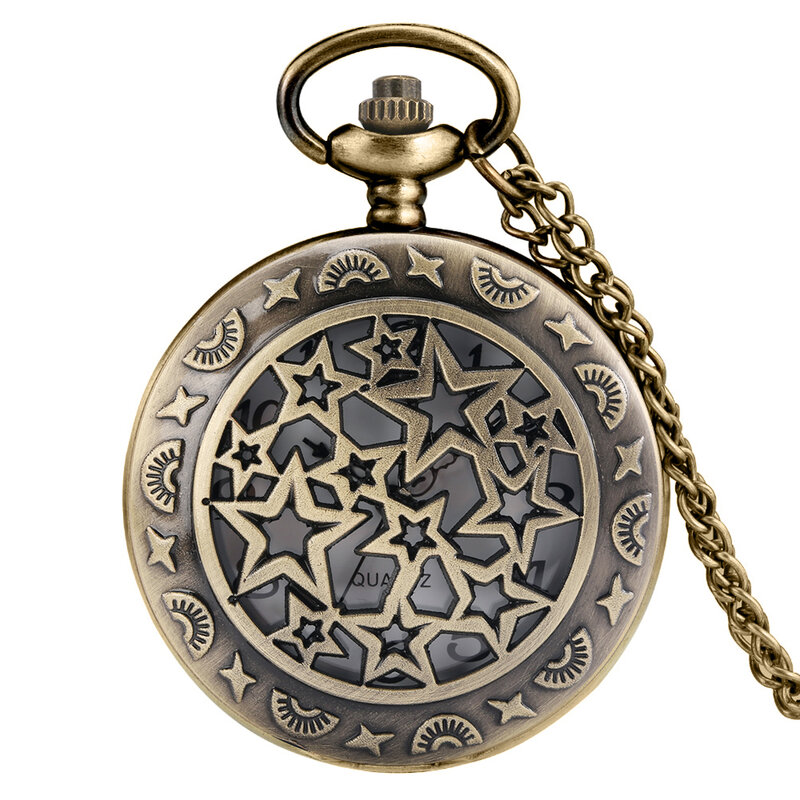 Montre de poche en Bronze à cinq branches pour hommes et femmes, rétro, collier, chaîne, horloge, pendentif, étoiles pentagonales, cadeaux
