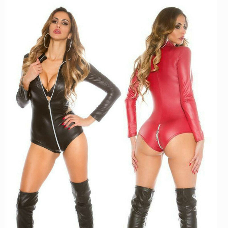 Sexy wetlook Lingerie Women Latex Catsuit Faux Leather Front Zipper Crotch Bodysuit Fetish Costumes Erotic Body Suit Plus Size