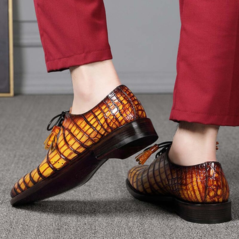 Hulangzhijia novo puro manual de couro de crocodilo laço-up masculino moda negócios lazer sapatos masculinos sapatos formais