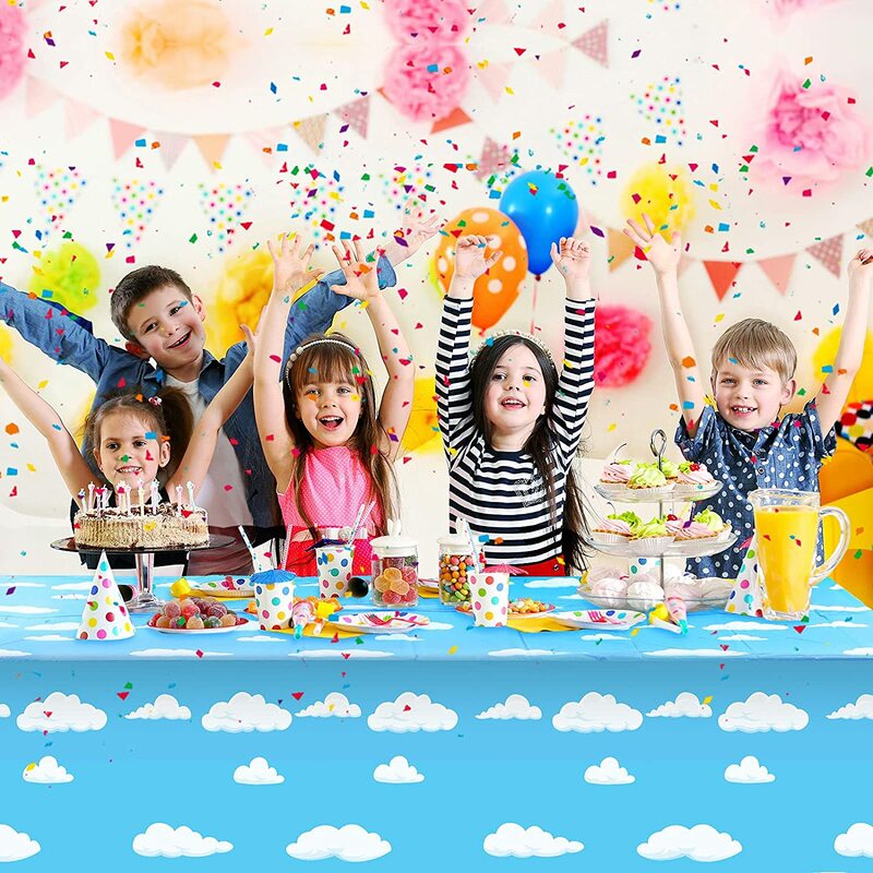 Mantel desechable con nubes blancas y cielo azul para niños, cubierta de mesa, recuerdo de Historia de dibujos animados, decoración de Festival de cumpleaños