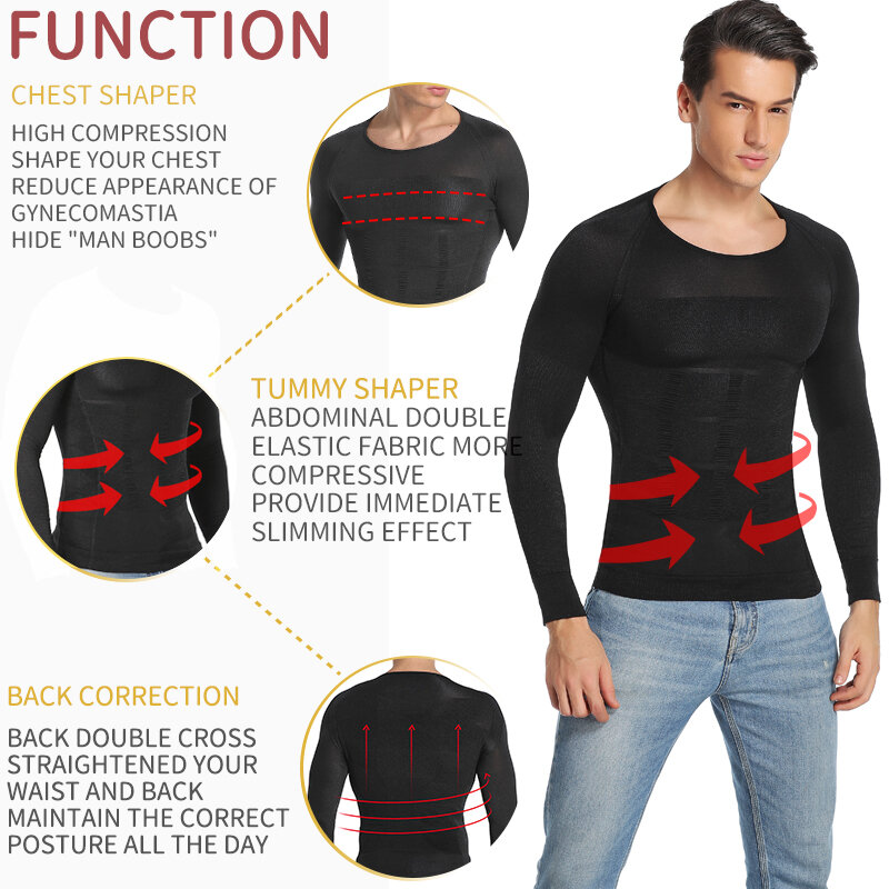 Men Slimming Body Shaper Abdomen Shapewear Waist Trainer Belly Shapers Corrective Posture Vest Compression Shirts Sleeve Corset