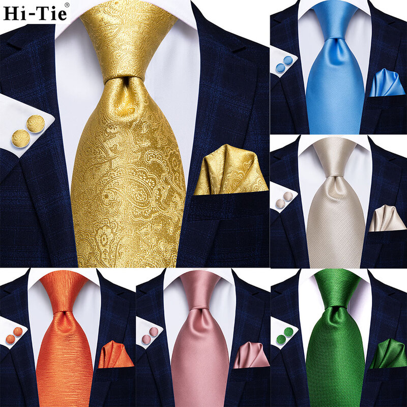Hi-Tie Paisley Gold 8.5cm Solid Paisley 100% Silk Men's Business Tie Neck Tie for Men Formal Luxury Wedding Necktie Gravatas