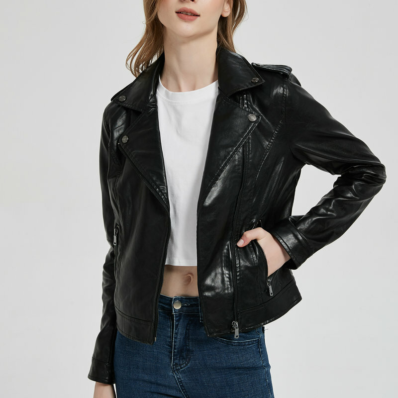 2021อย่างเป็นทางการฤดูใบไม้ผลิ Atutumn ผู้หญิงลำลอง Faux หนังแจ็คเก็ตสุภาพสตรี Vintage Slim Fit สีดำ Beige ซิปเสื้อ Outerwear