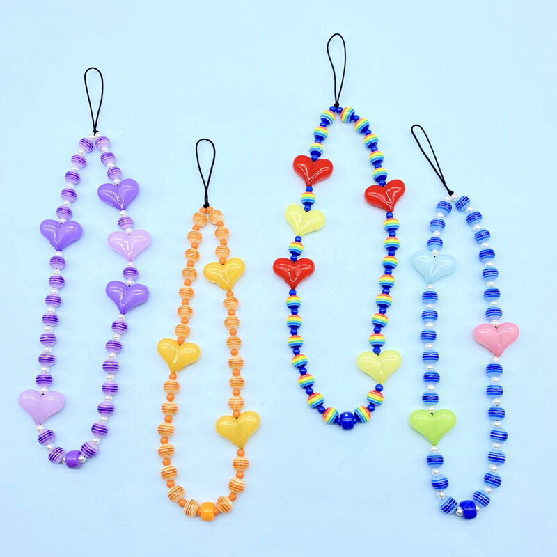 Ins Fashion – perles arc-en-ciel en acrylique pour téléphone portable, lanière, accessoires, chaîne de téléphone portable en forme de cœur, ornements féminins