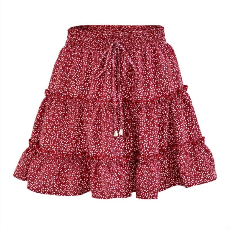 2021 Summer Autumn  European American Women's High Waist Ruffle Floral Skirt Printed Beach A-line Skirt Girls Travel Red Dot