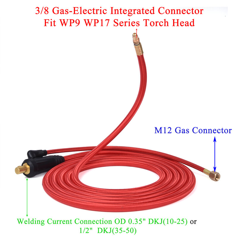 3.8/7.6m WP9 WP17 TIG Welding Torch Gas-Electric Integrated Red Soft Hose Cable Wires M12 DKJ 10-25 35-50 Euro Connector