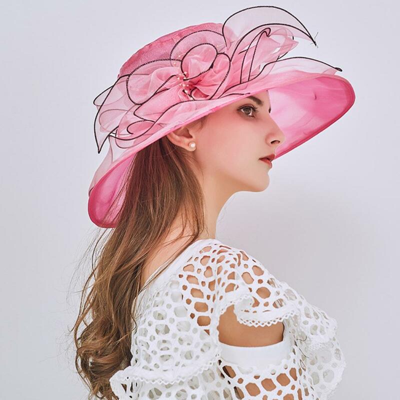 Kwiatowa czapka z organzy z szerokim rondem kapelusze wiadro kościoła Fedora elegancka damska impreza letnia czapka przeciwsłoneczna plażowa dla kobiet czepek