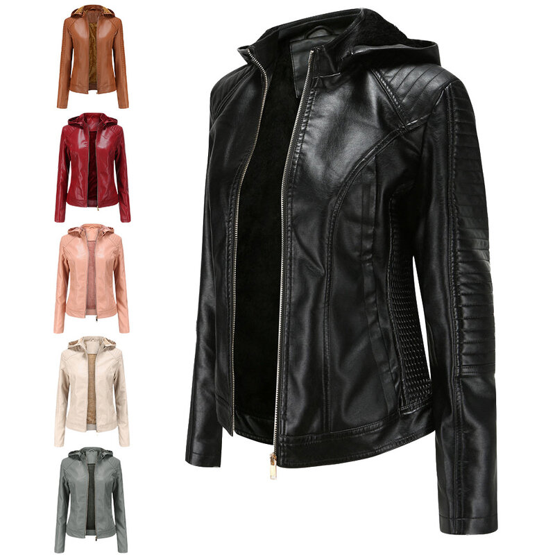 Jaqueta de couro com capuz feminino, casaco de motocicleta, tops com zíper, preto, vermelho, cáqui, cinza, novo, guarnição elegante, inverno